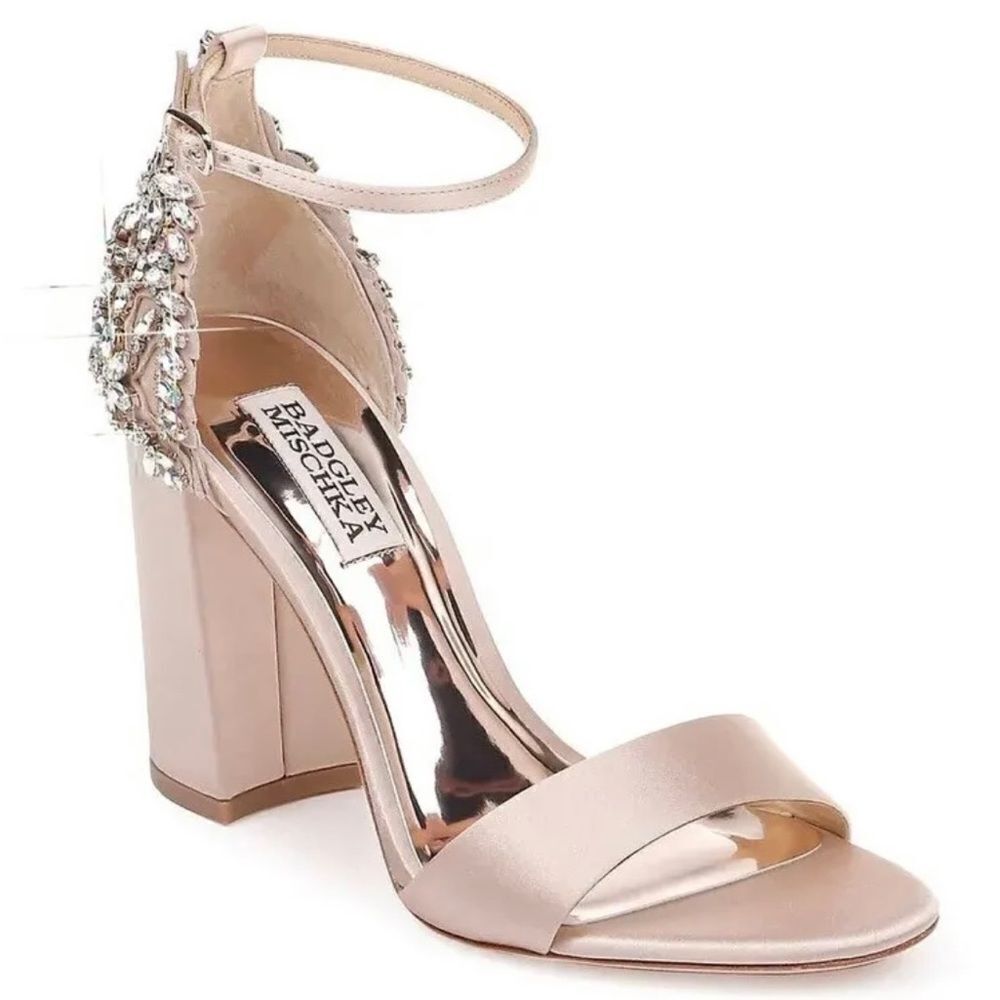 Badgley Mischka Ainsley Crystal Embellished Ankle Strap Sandal, Latte Satin, 9.5